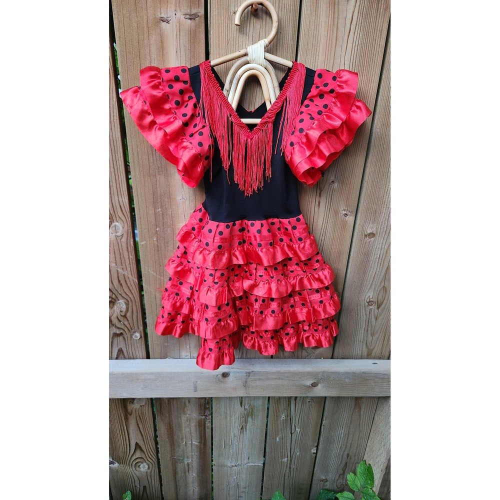 Girls Flamenco Dance‎ Dress Red Black Polka Dot Ruffle Fringe Spanish Costume 3